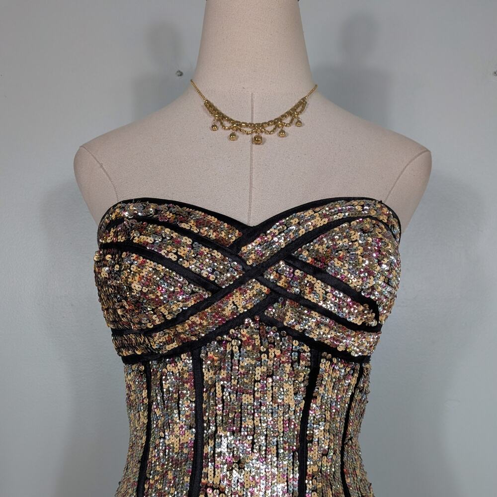 Terani Prom Dress Maxi Gown 6 Black Gold Glam Sequin Ball Princess Y2K Pageant - Picture 4 of 13